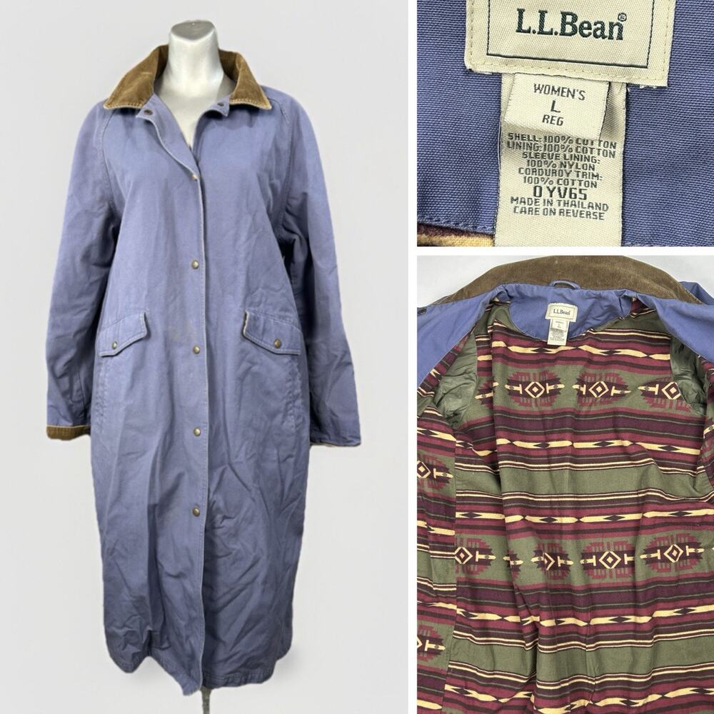 LL Bean Chore Duster Coat Womens Large Blue Canvas Barn Jacket Aztec Lined